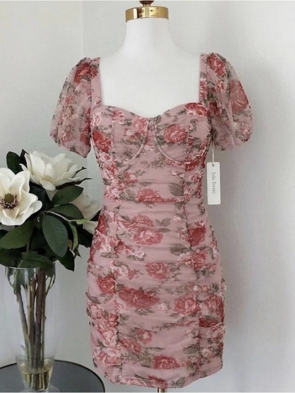 Blush Pink Floral Puff-Sleeve Ruched Mini Dress